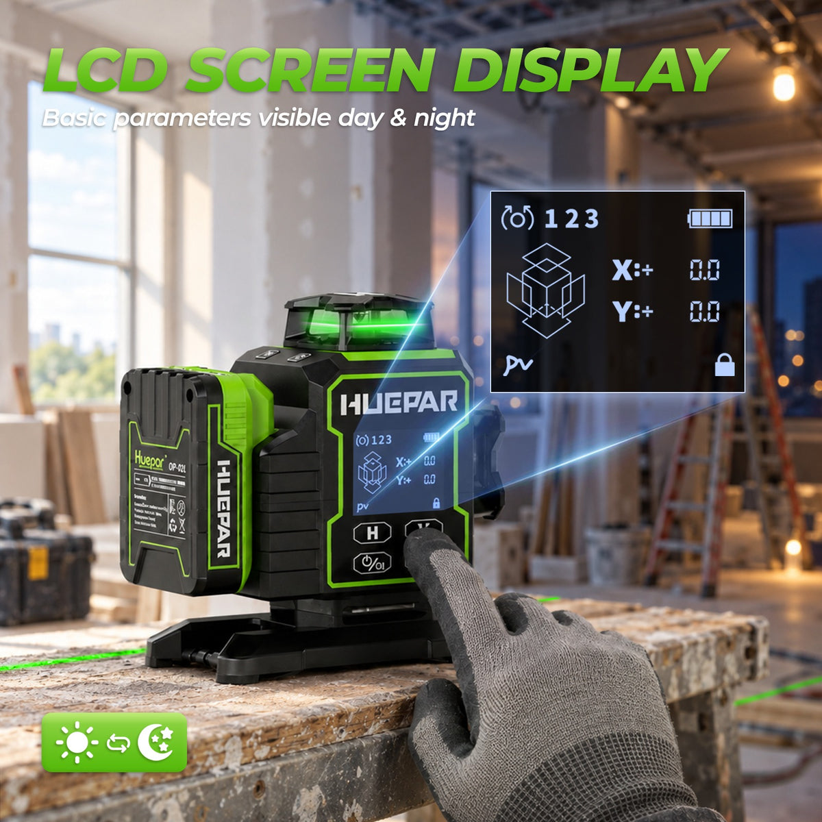Huepar W04CG 4 × 360° Laser Level with Electric 360° Rotary Base - 4D Laser Levels