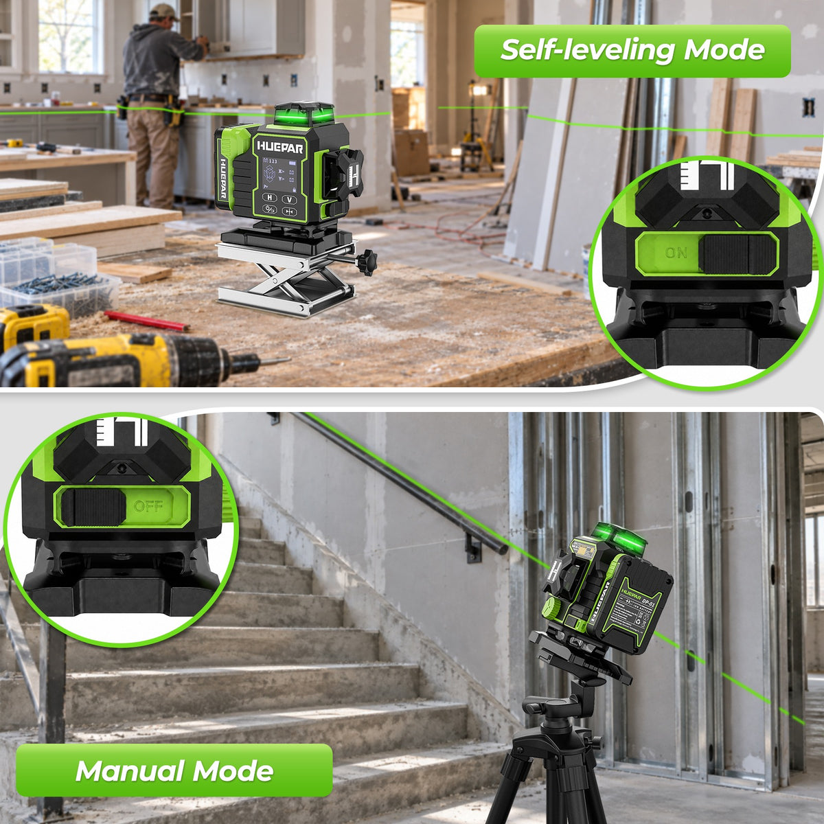 Huepar W04CG 4 × 360° Laser Level with Electric 360° Rotary Base - 4D Laser Levels