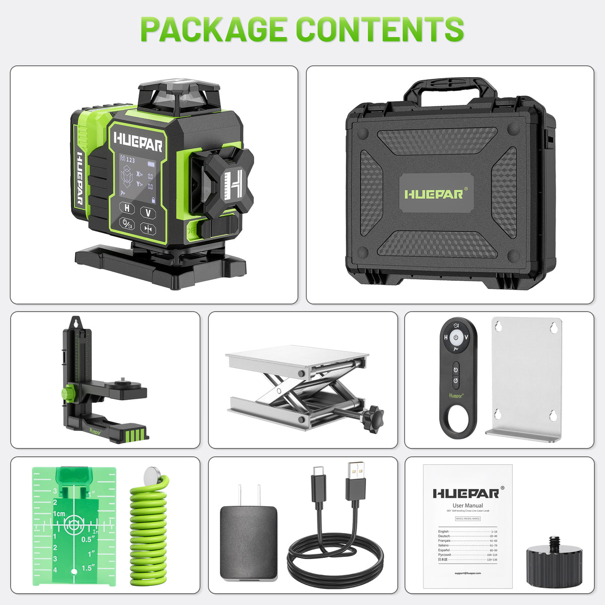 Huepar W04CG 4 × 360° Laser Level with Electric 360° Rotary Base - 4D Laser Levels