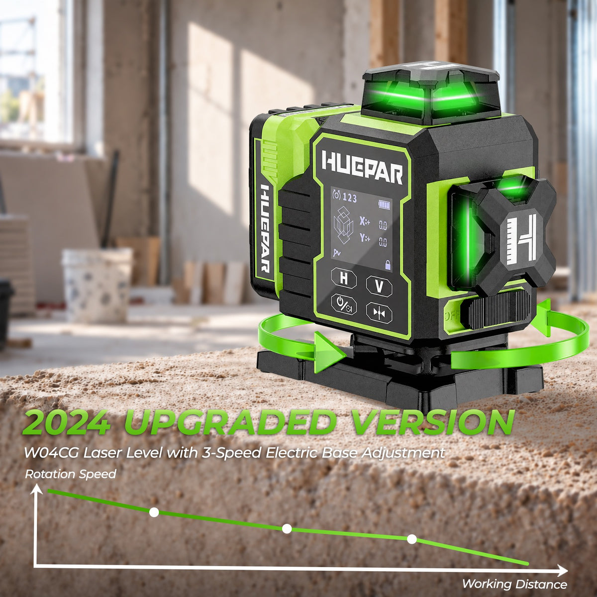 Huepar W04CG 4 × 360° Laser Level with Electric 360° Rotary Base - 4D Laser Levels
