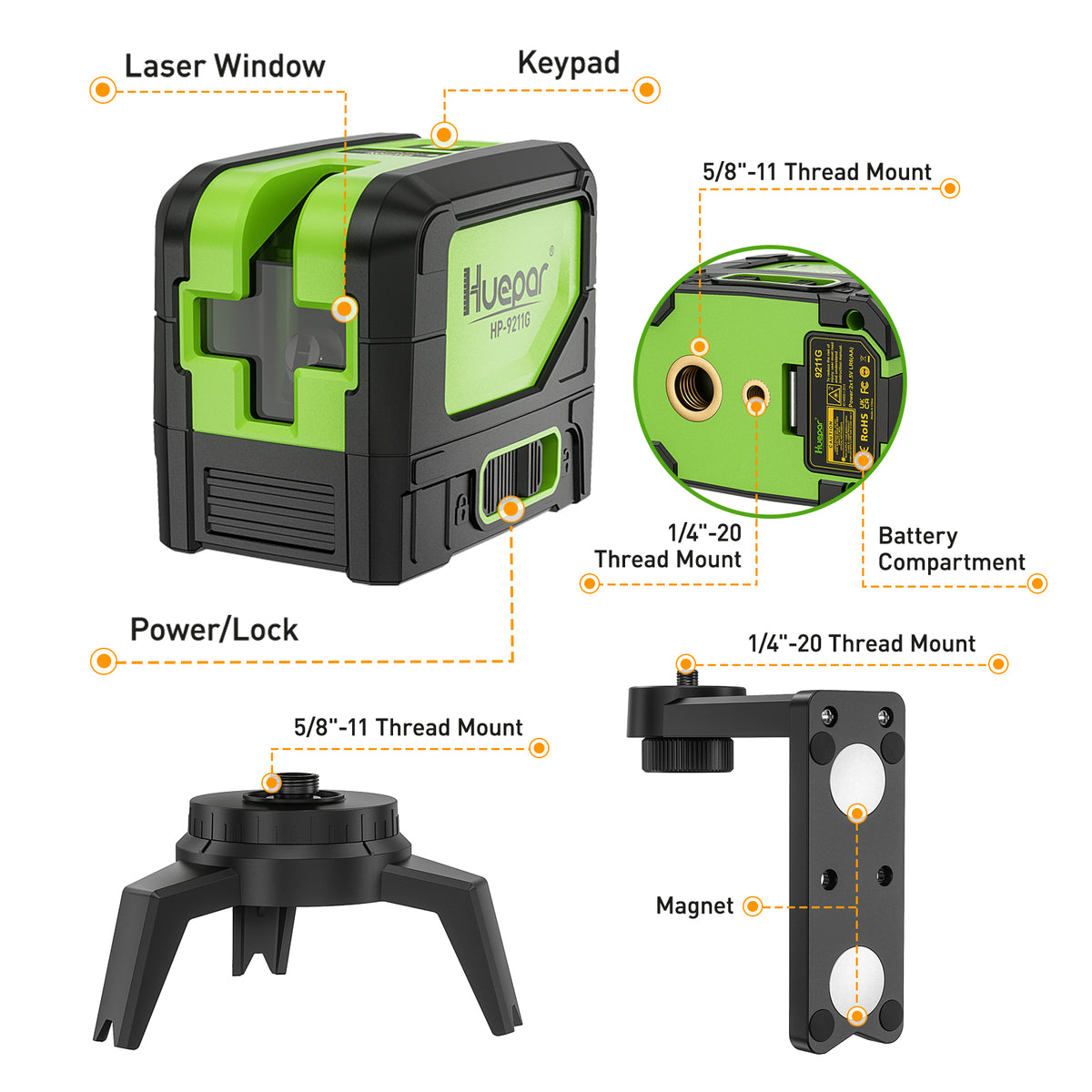 Huepar 9211G Laser Level - Cross Line Laser Level