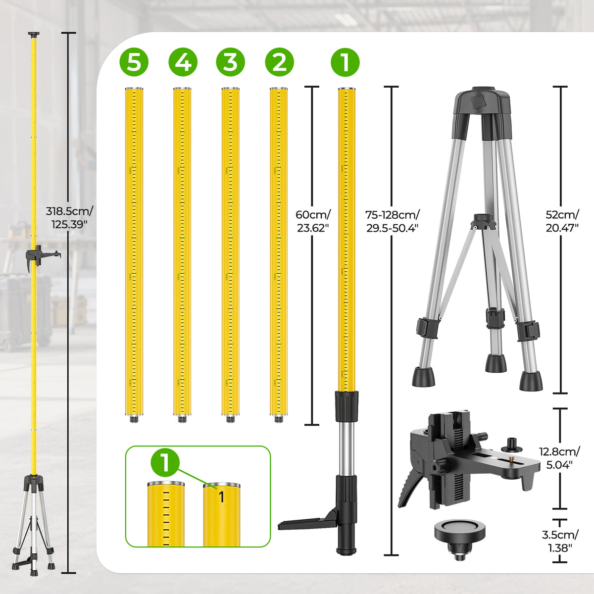Huepar LP36 - 3.7m/12ft Laser Telescoping Pole