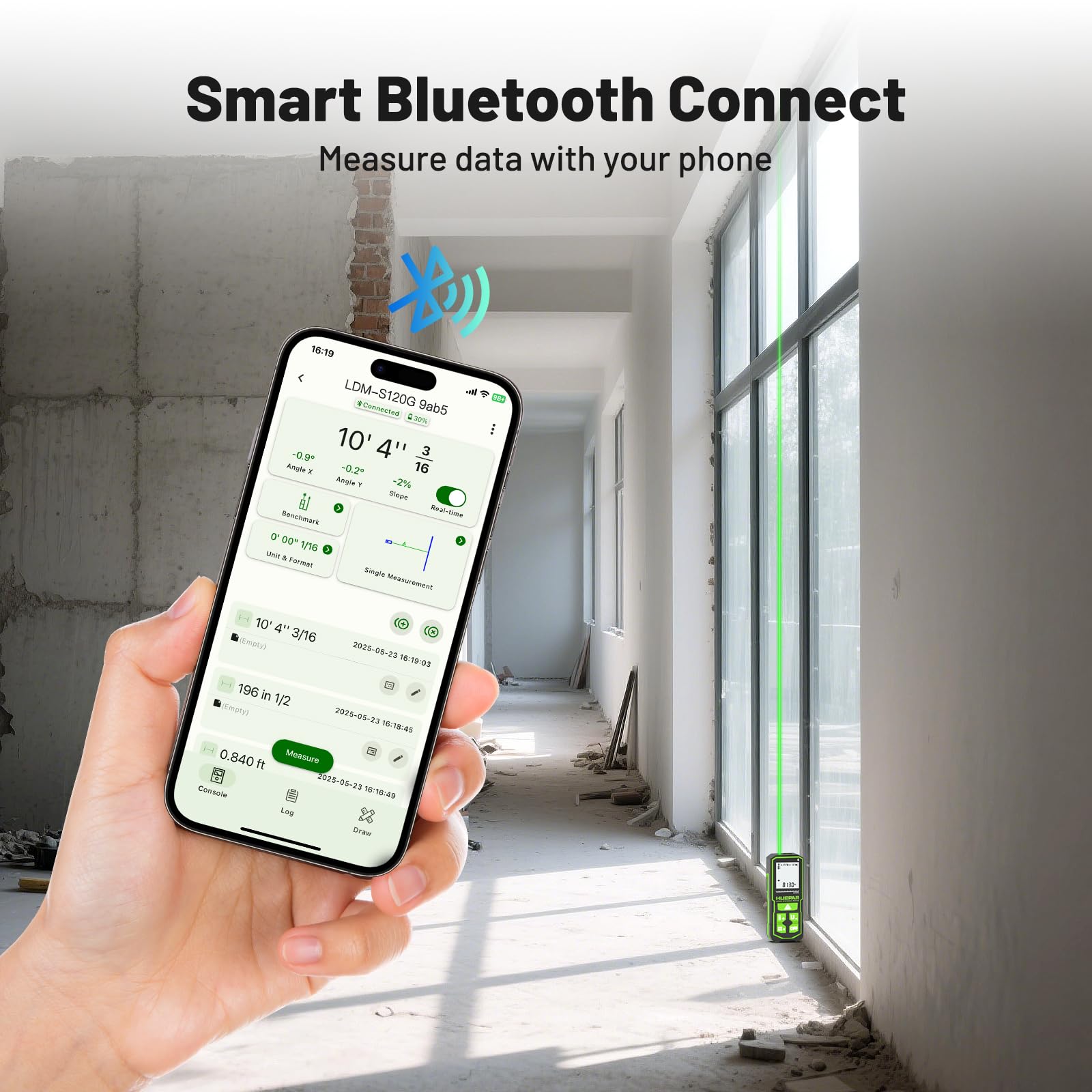Huepar S120G-BT - Bluetooth Laser Distance Meter (395FT, 1/16in Accuracy, App, Area, Volume ) - Laser Distance Meter