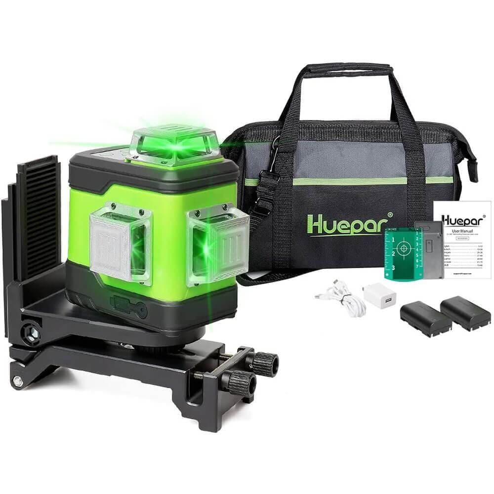 Huepar 3D Cross Line Self-leveling Laser Level 3 x 360 12 lines Green Beam  Three-Plane Leveling and Alignment Laser Tool, Li-ion Battery with Type-C  Charging Port & Hard Carry Case Included 