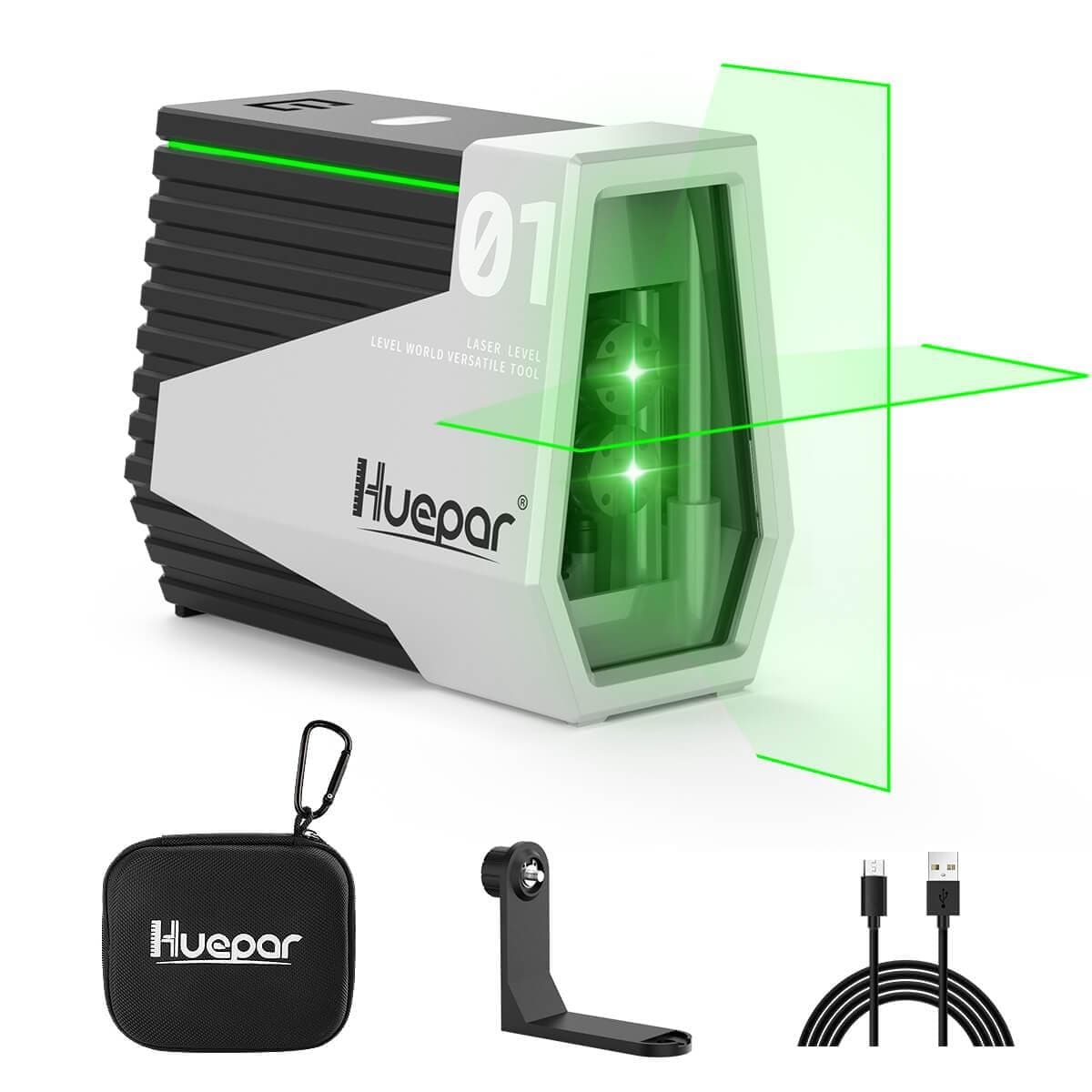 Huepar Cross Line Laser Level Green Beam Self-Leveling Laser Level Tools  for Home DIY Picture Hanging with 360° Magnetic Pivoting Base 9011G 