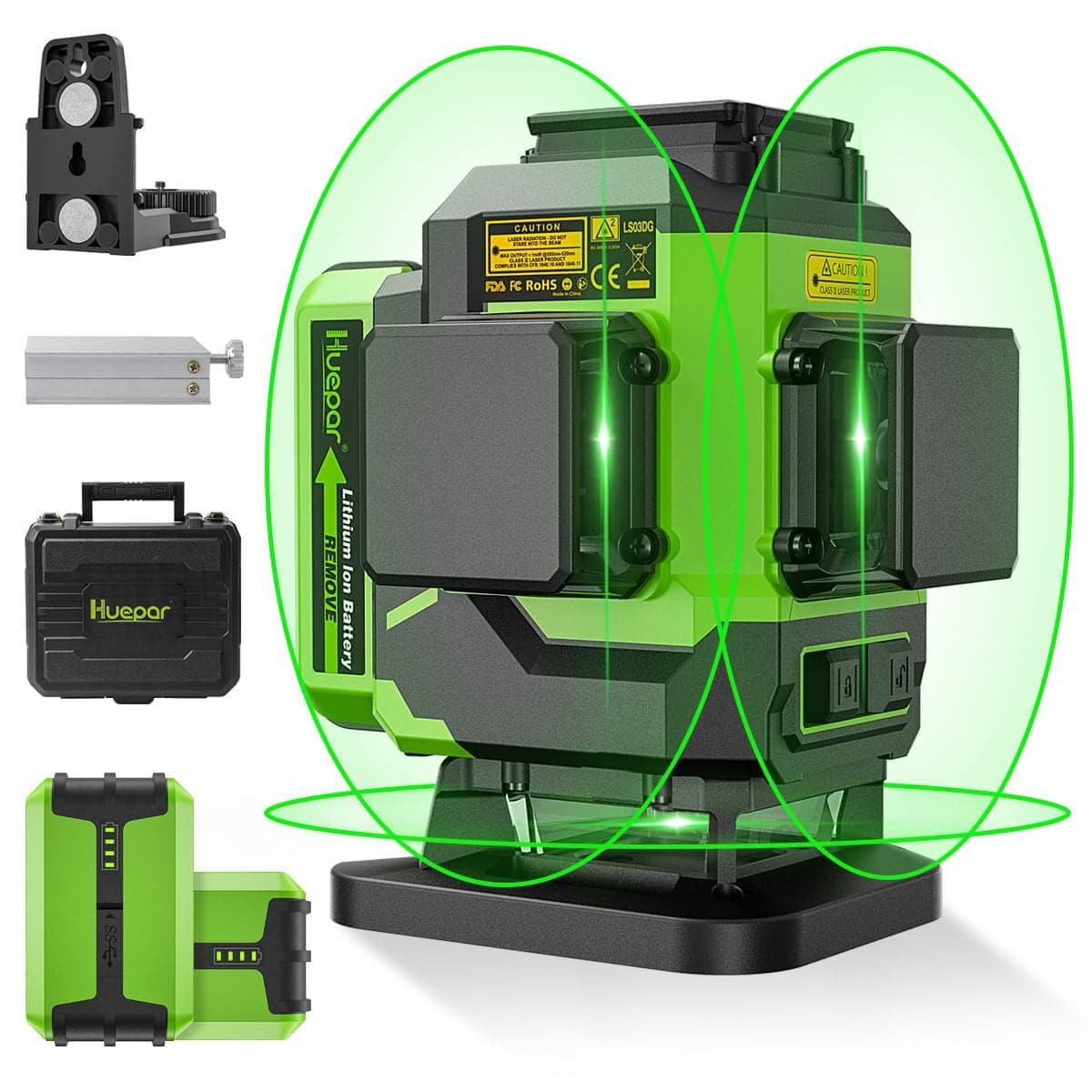 Huepar LS03DG - 3x360°Laser Level with 2 Li-ion Batteries 3D Green Cross  Line Self Leveling