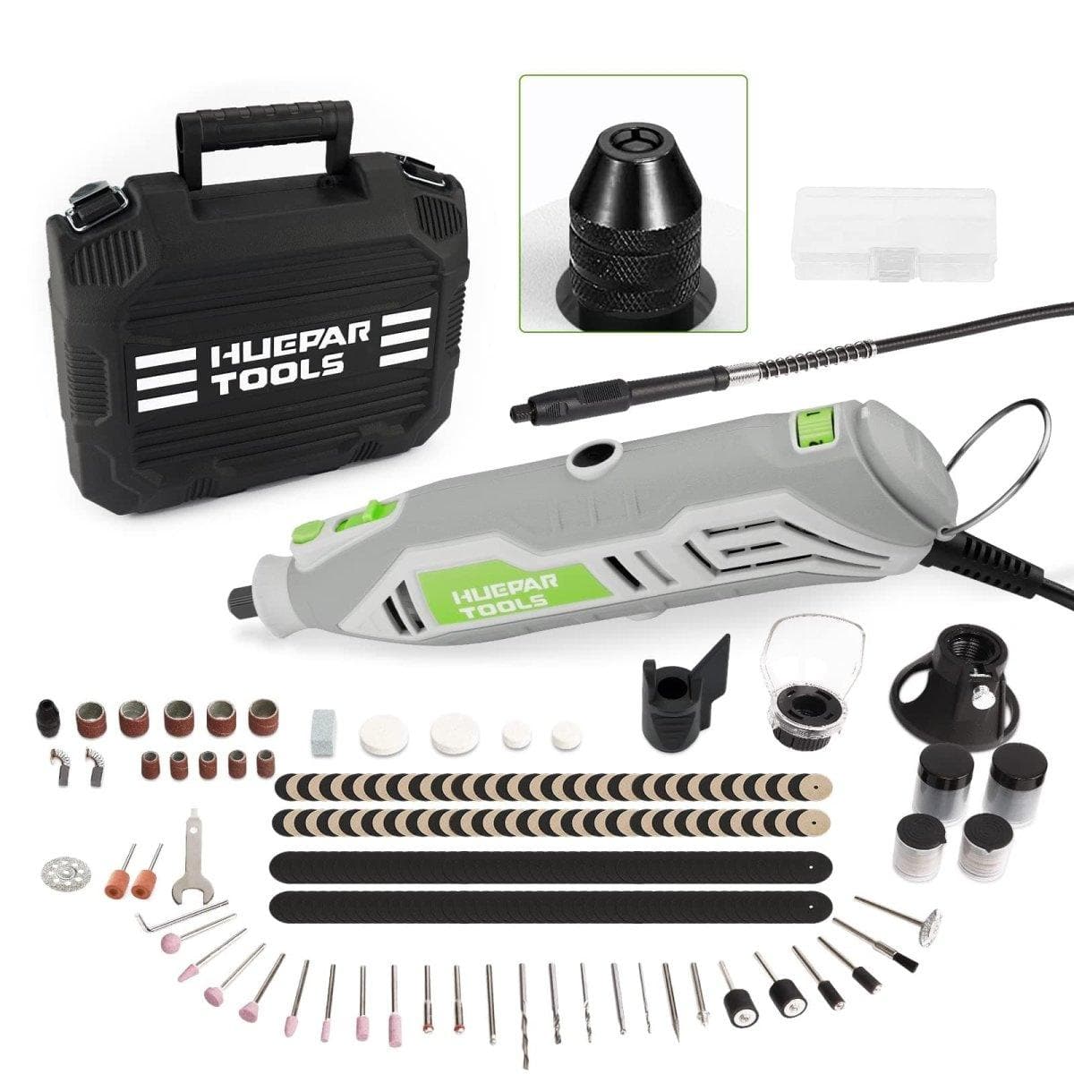 Huepar RT130 Rotary Tool Kit with Flex Shaft, 235pcs Accessories, MultiPro Keyless Chuck, and 6 Variable Speeds ranging from 10000-35000RPM for Crafting and DIY Projects7