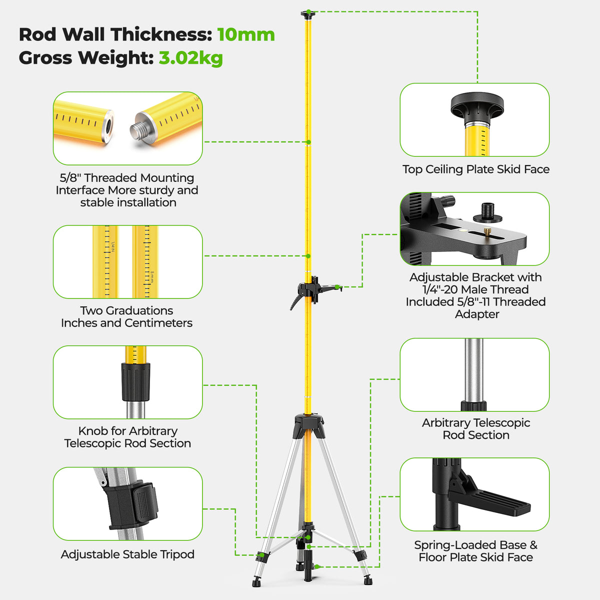 Huepar LP36 - 3.7m/12ft Laser Telescoping Pole