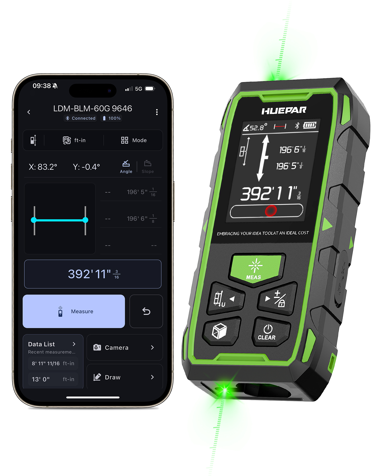 Huepar BLM-600G-BT - Upgraded Dual Laser Distance Meter (395FT, 1/16in Accuracy, App, Area, Volume ) - Laser Distance Meter