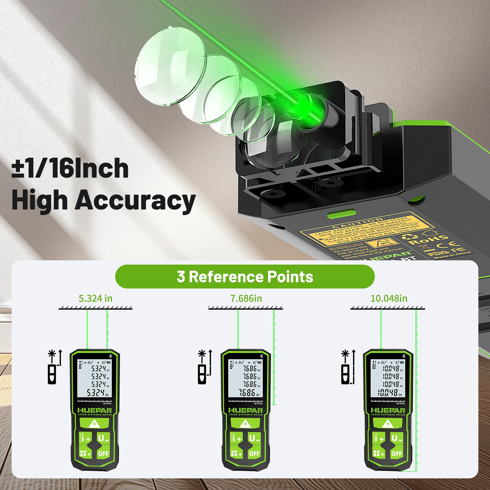 Huepar S120G-BT - Bluetooth Laser Distance Meter (395FT, 1/16in Accuracy, App, Area, Volume ) - Laser Distance Meter