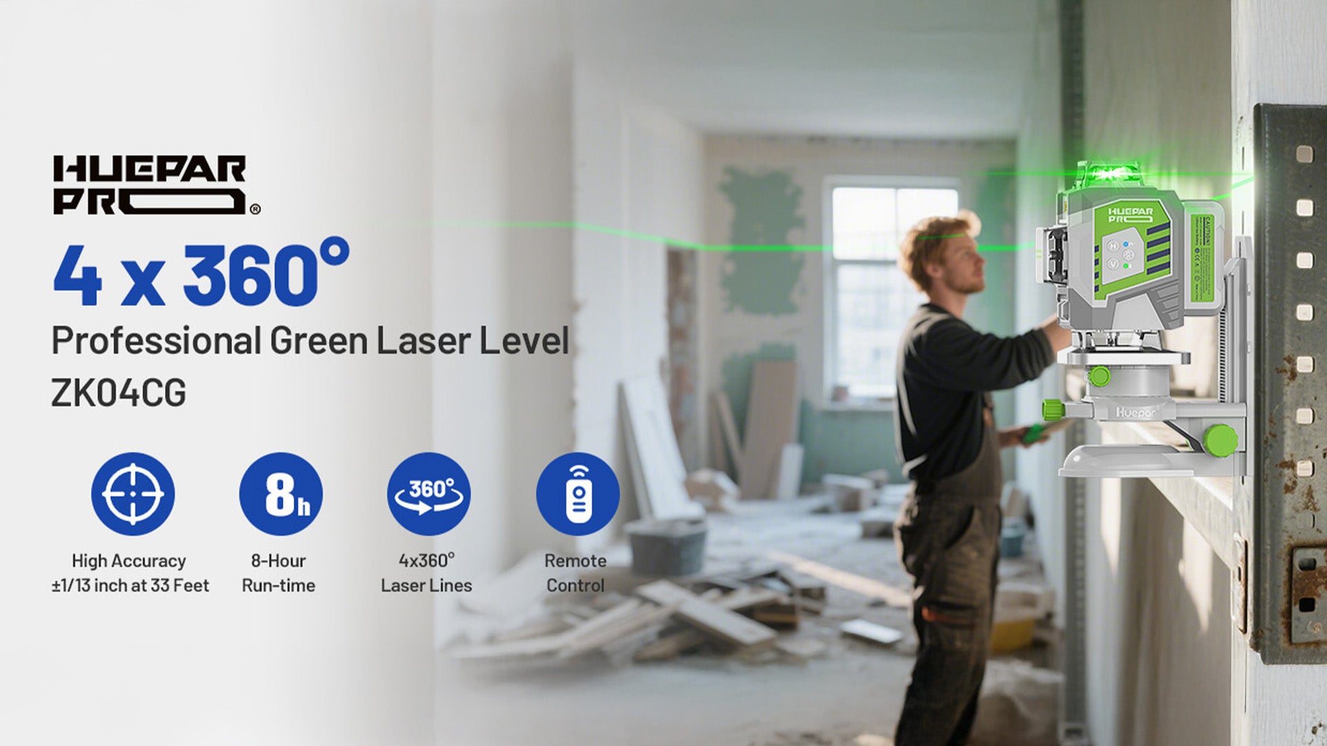 Huepar ZK04CG - Pro High Accuracy 4x360° Green Beam Cross Line