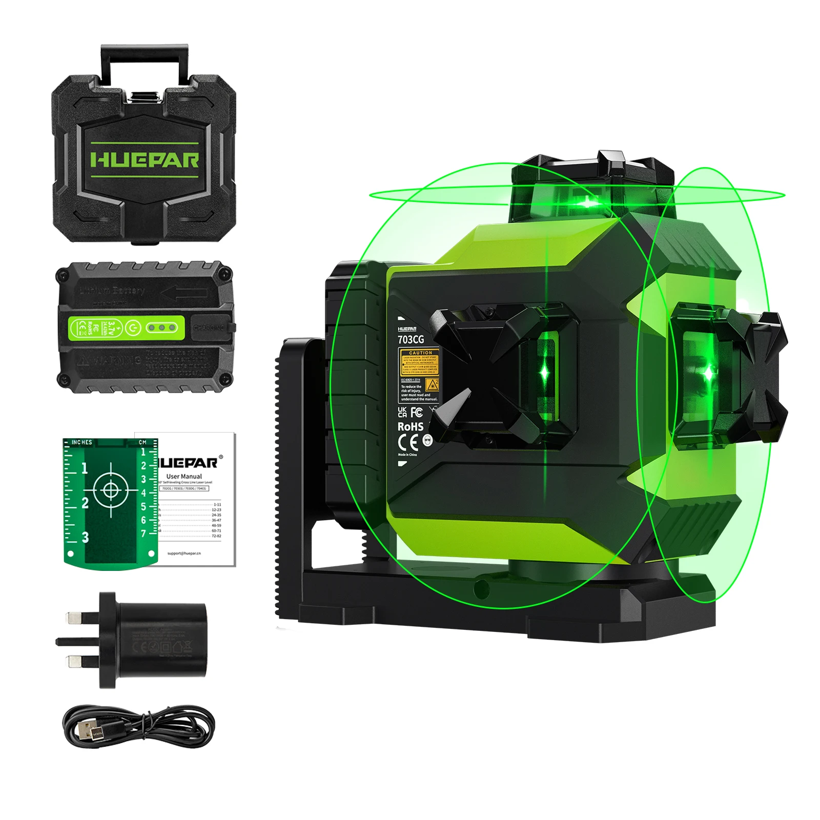 Huepar P03CG - Niveau laser 3D à nivellement automatique Ligne laser extérieure Bluetooth Faisceau vert