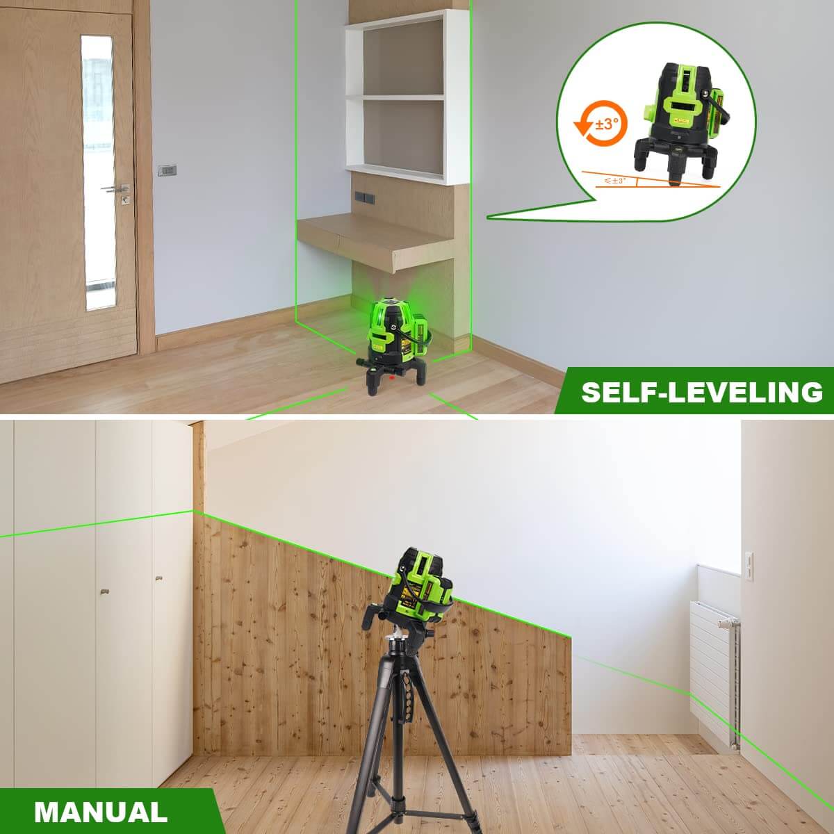 Huepar L141G - Cross Line Green Laser Level with Removable Battery, Self-Leveling Multi-line Levels Included 360°Rotating Base, Pulse Mode, 4 Vertical and 1 Horizontal Lines, Down Plumb Point