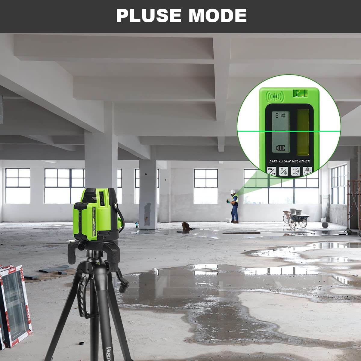 Huepar L141G - Cross Line Green Laser Level with Removable Battery, Self-Leveling Multi-line Levels Included 360°Rotating Base, Pulse Mode, 4 Vertical and 1 Horizontal Lines, Down Plumb Point