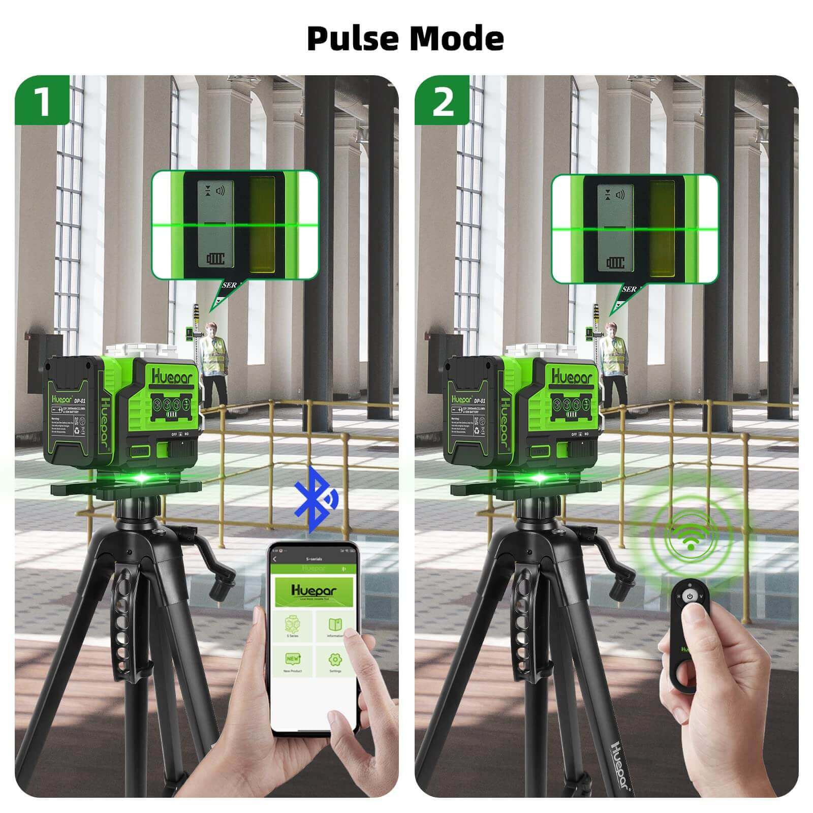 Huepar P03CG - Laser de ligne extérieur Bluetooth 3D à nivellement automatique 3x360 ° Faisceau vert 3D avec étui de transport rigide 