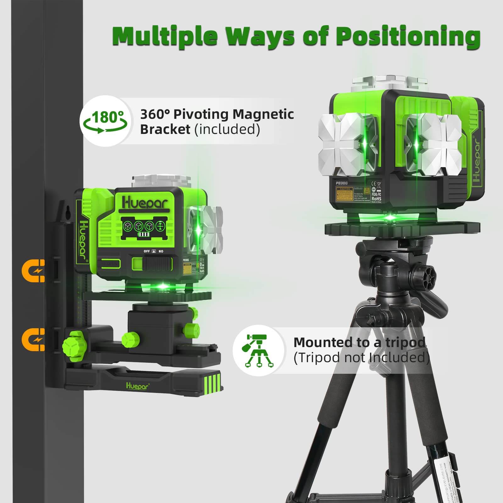 Huepar P03CG - Laser de ligne extérieur Bluetooth 3D à nivellement automatique 3x360 ° Faisceau vert 3D avec étui de transport rigide 