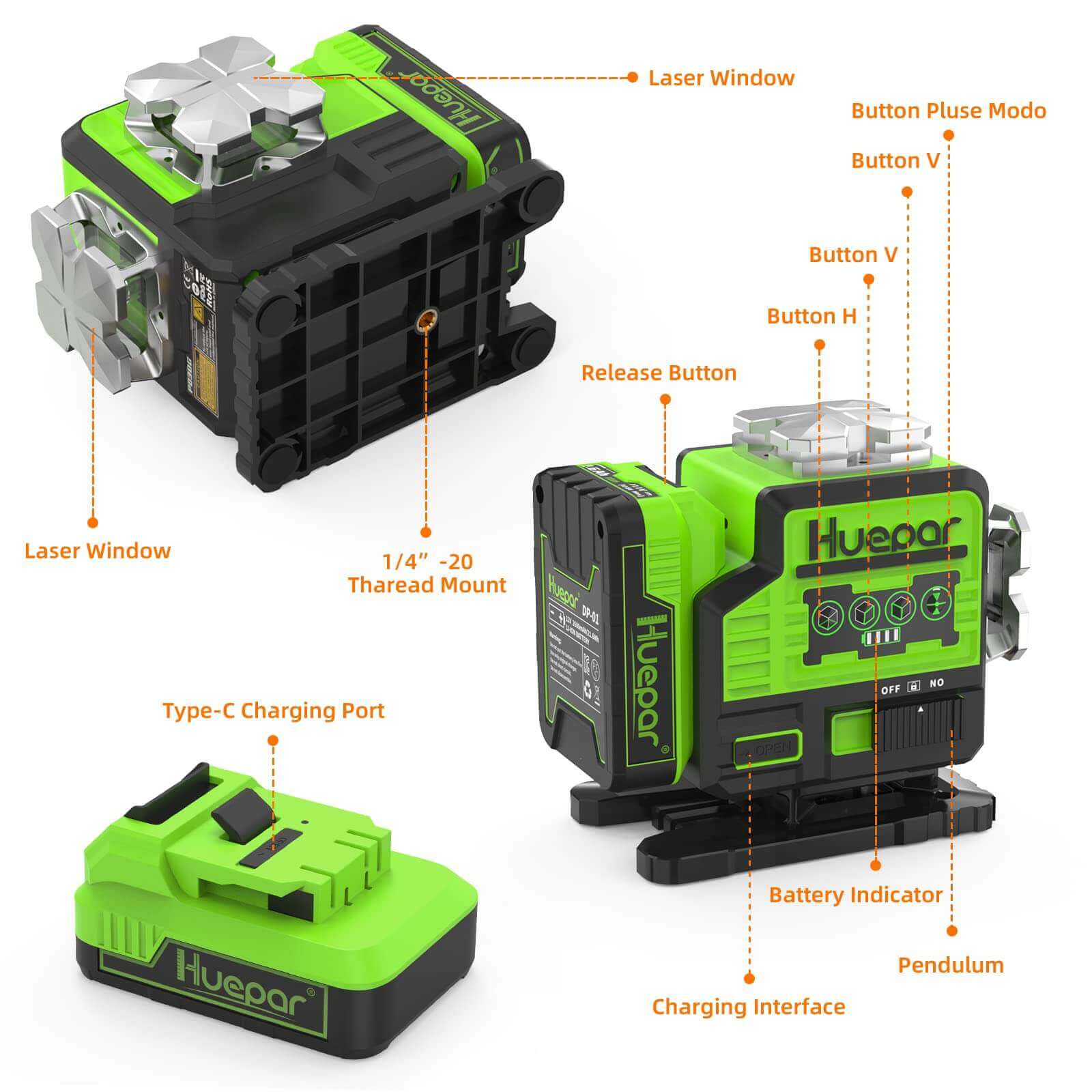 Huepar P03CG - Laser de ligne extérieur Bluetooth 3D à nivellement automatique 3x360 ° Faisceau vert 3D avec étui de transport rigide 