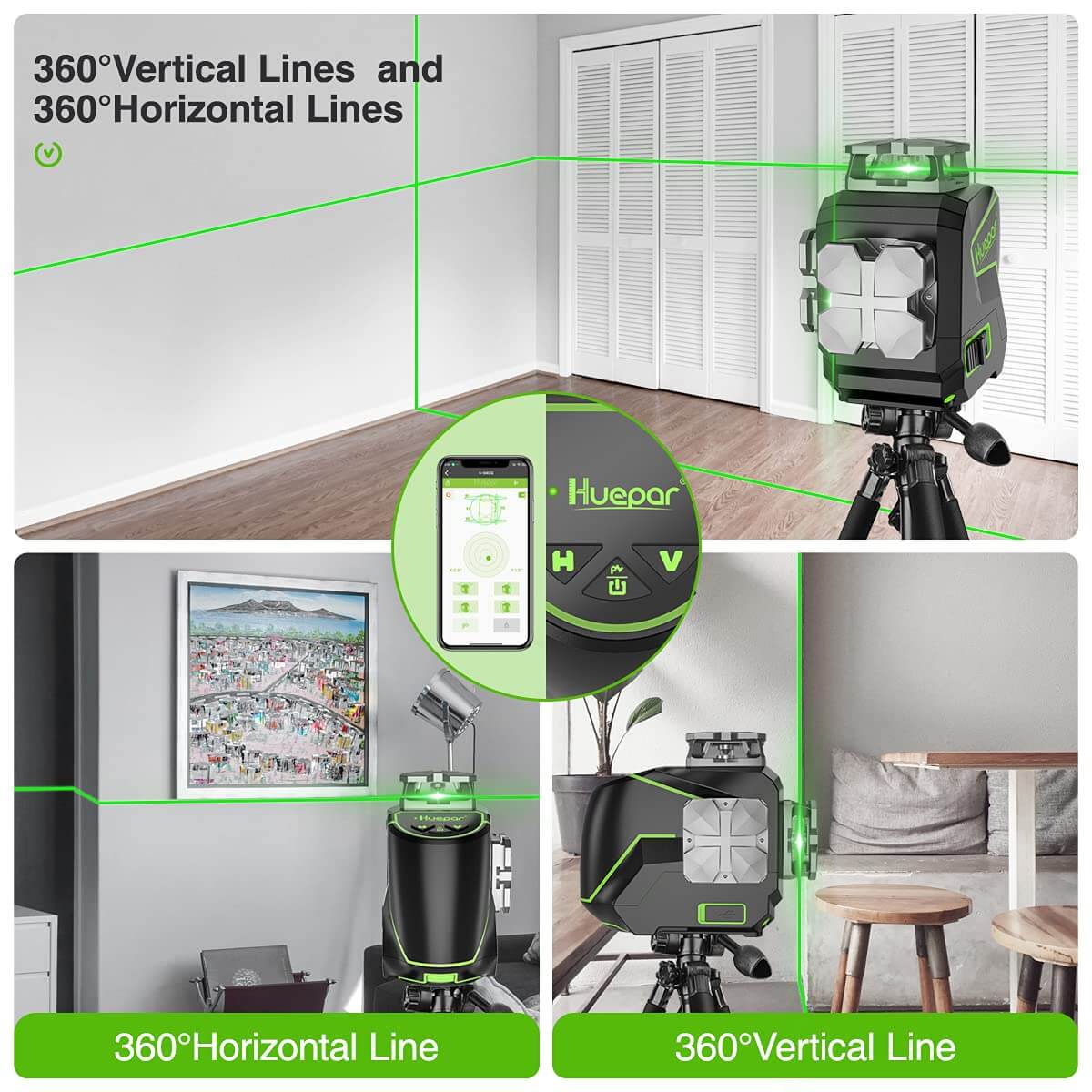 Huepar S02CG 2x360 self-leveling cross line laser with Bluetooth connectivity and metal laser window1