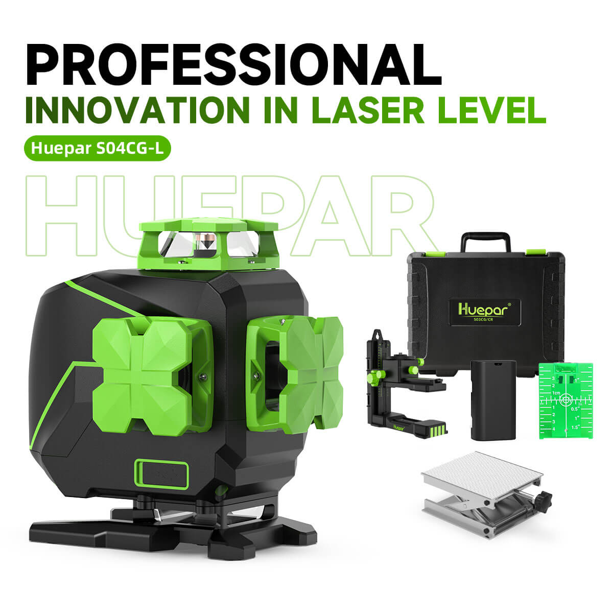 Huepar S04CG-L - 4 x 360° Self-Leveling Laser Cross Line Laser Tiling Floor Laser Tool