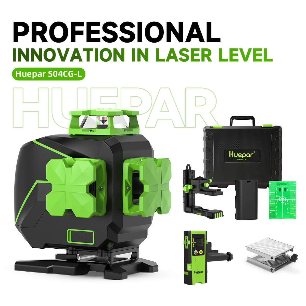 Huepar S04CG-L - 4 x 360° Self-Leveling Laser Cross Line Laser Tiling Floor Laser Tool