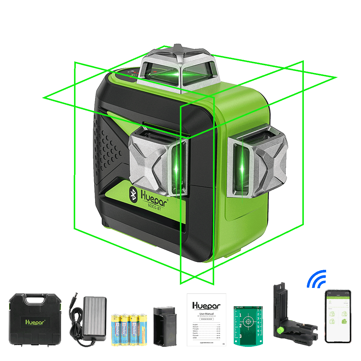 Huepar 603BT-H – selbstnivellierender 3D-Laser mit grünem Strahl, 3 x 360°, mit Hartschalenkoffer