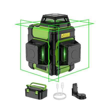 Huepar HM03CG – Selbstnivellierender 3x360 3D-Kreuzlinienlaser mit grünem Strahl, Drei-Ebenen-Nivellier- und Ausrichtungslaserwerkzeug mit Pulsmodus