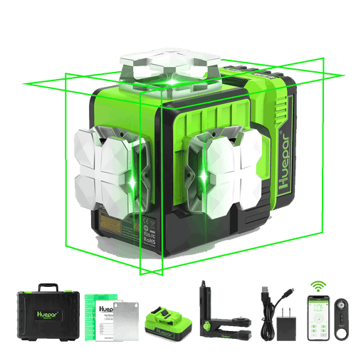 Huepar P03CG – Selbstnivellierender 3x360°Bluetooth-Linienlaser für den Außenbereich, grüner 3D-Strahl, mit Hartschalen-Tragetasche 