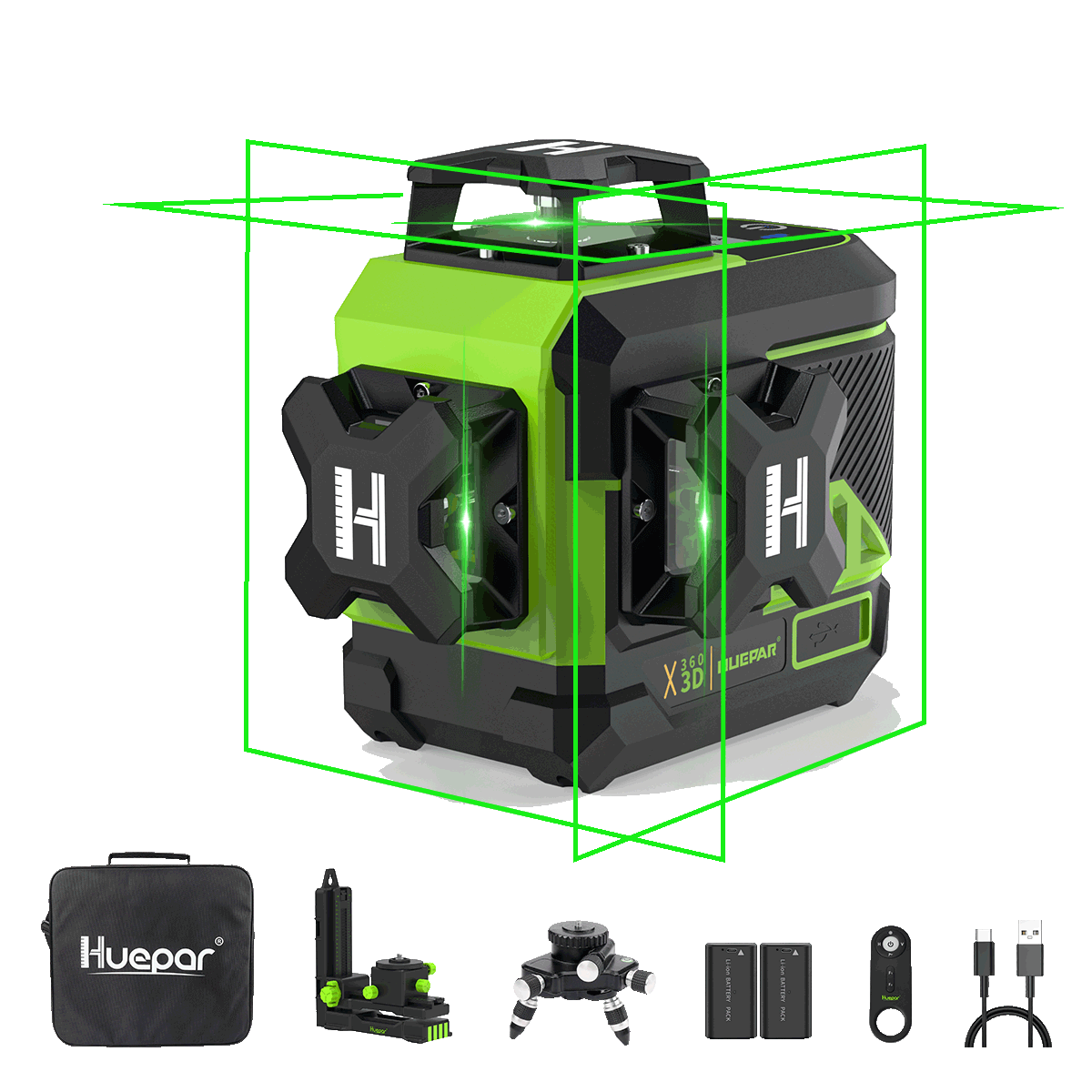 Huepar Z03CG – 3D-Laser-Nivellierlaser mit 12 Linien und grünem Strahl, selbstnivellierend, mit Bluetooth und Fernbedienung. 