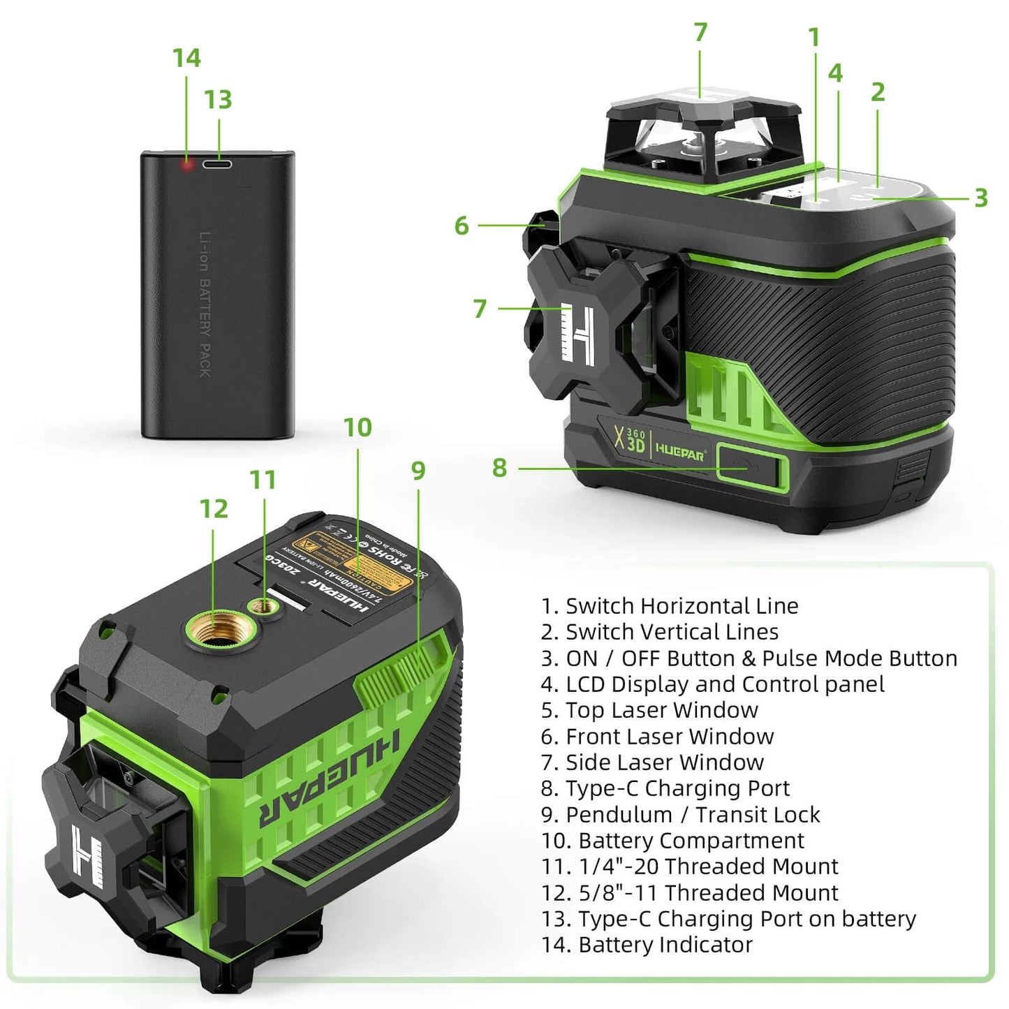 Huepar Z03CG – 3D-Laser-Nivellierlaser mit 12 Linien und grünem Strahl, selbstnivellierend, mit Bluetooth und Fernbedienung. 