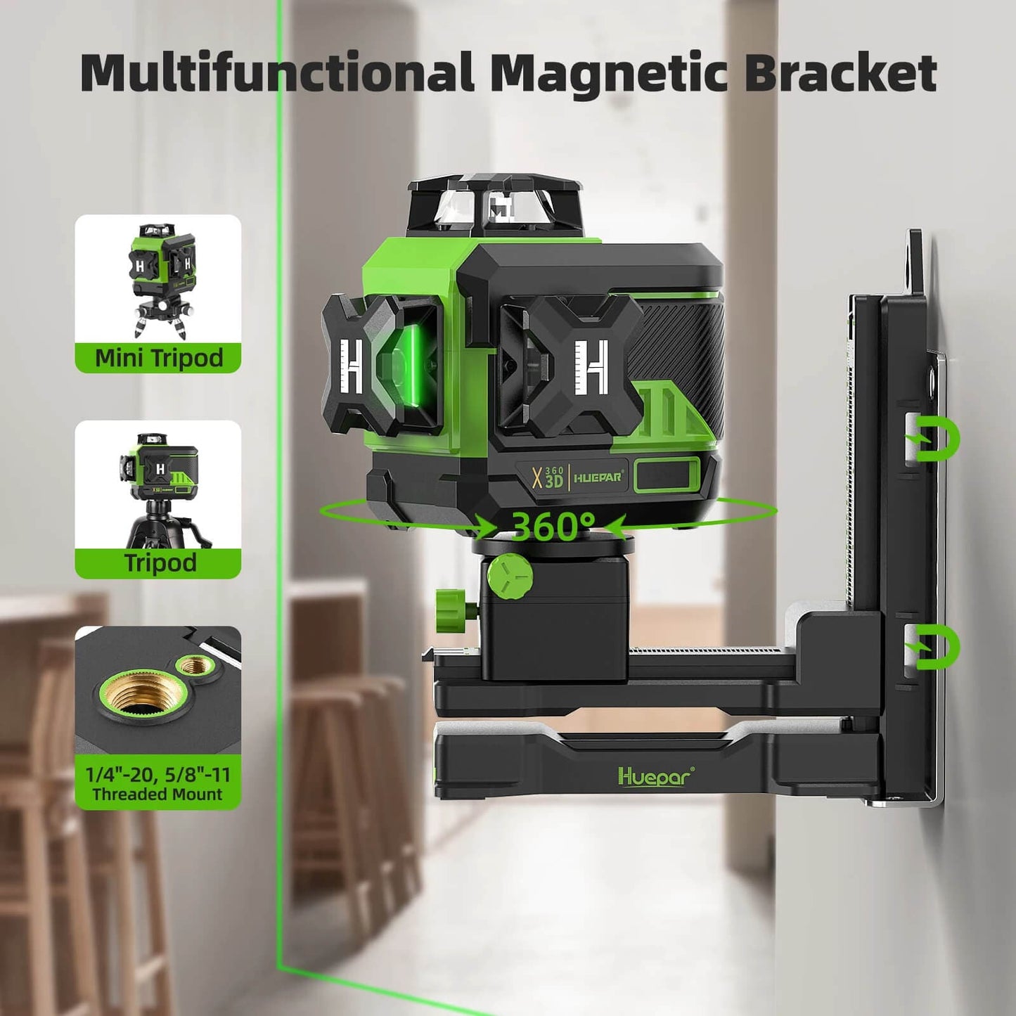 Huepar Z03CG – 3D-Laser-Nivellierlaser mit 12 Linien und grünem Strahl, selbstnivellierend, mit Bluetooth und Fernbedienung. 