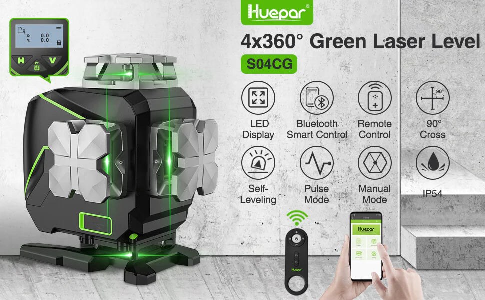 Huepar S04CG 16 lines 4D Cross Line Laser Level Bluetooth & Remote Control  Functions Green Beam Lines With Hard Carry Case