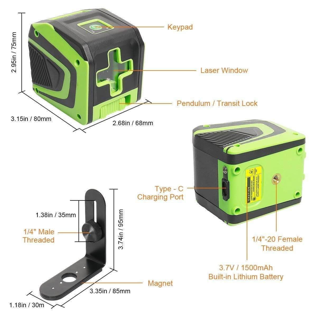 Huepar 5011G - Green Portable Line Laser with Pulse Mode & 360° Magnetic Rotating Base - HUEPAR US