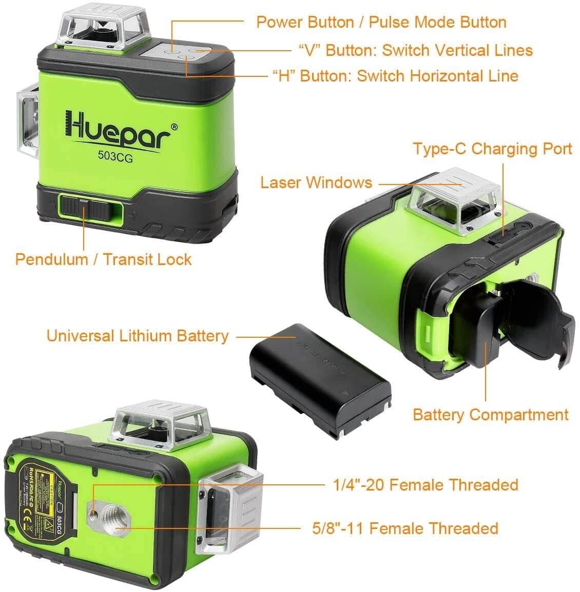 Huepar 503CG - 3D Green Beam Cross Line Self-Leveling Laser Level - HUEPAR US