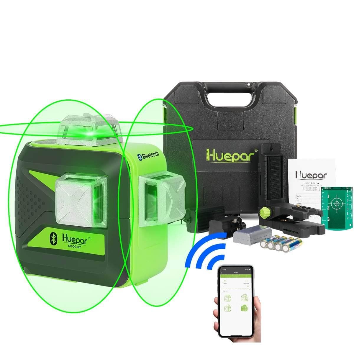 Huepar 603BT-H - 3D Green Beam Self-Leveling 3 X 360° Laser Level with Hardcase - HUEPAR US