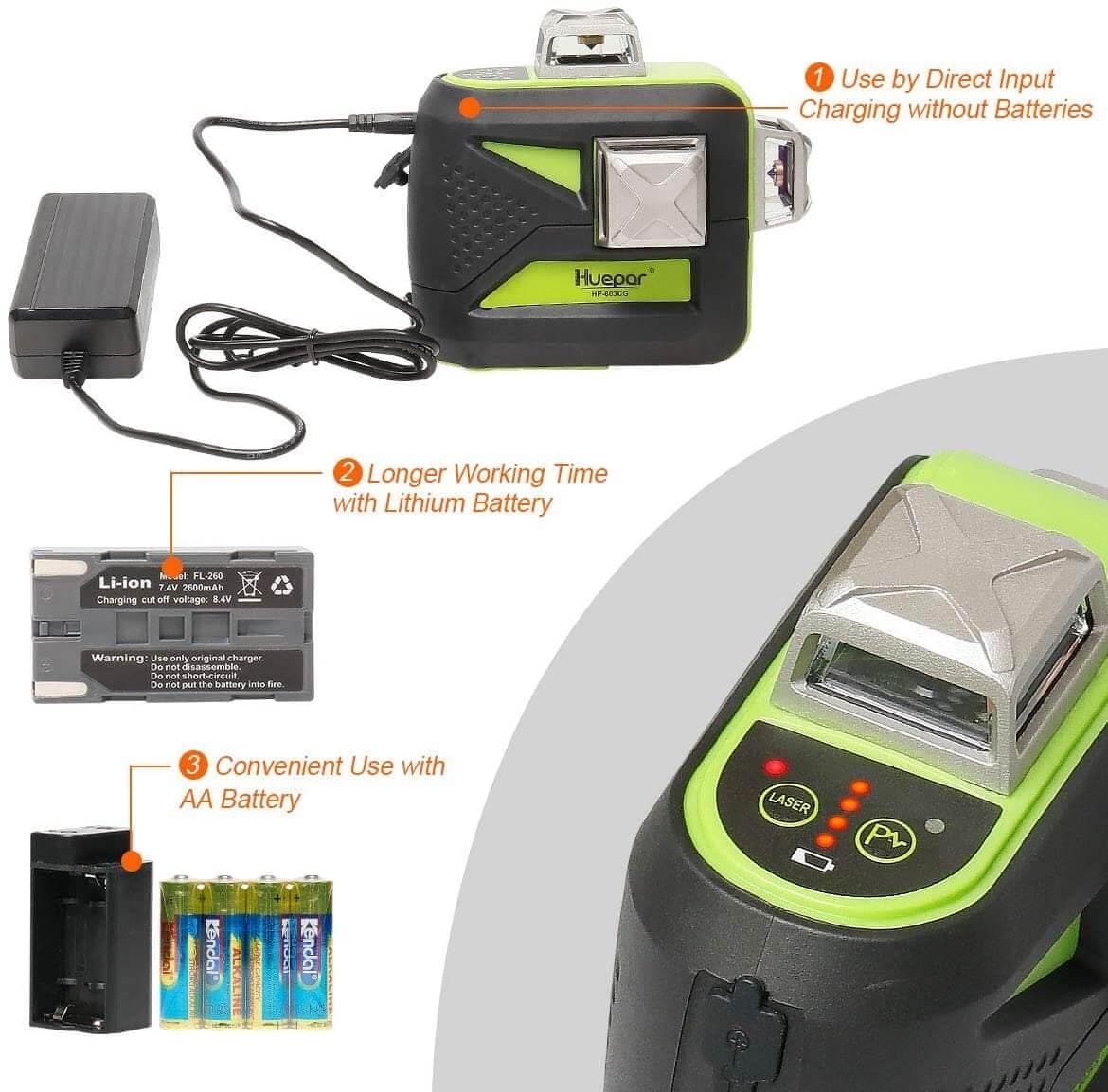 Huepar 603CG - 3D Green Beam Self-Leveling 3 X 360° Laser Level - HUEPAR US