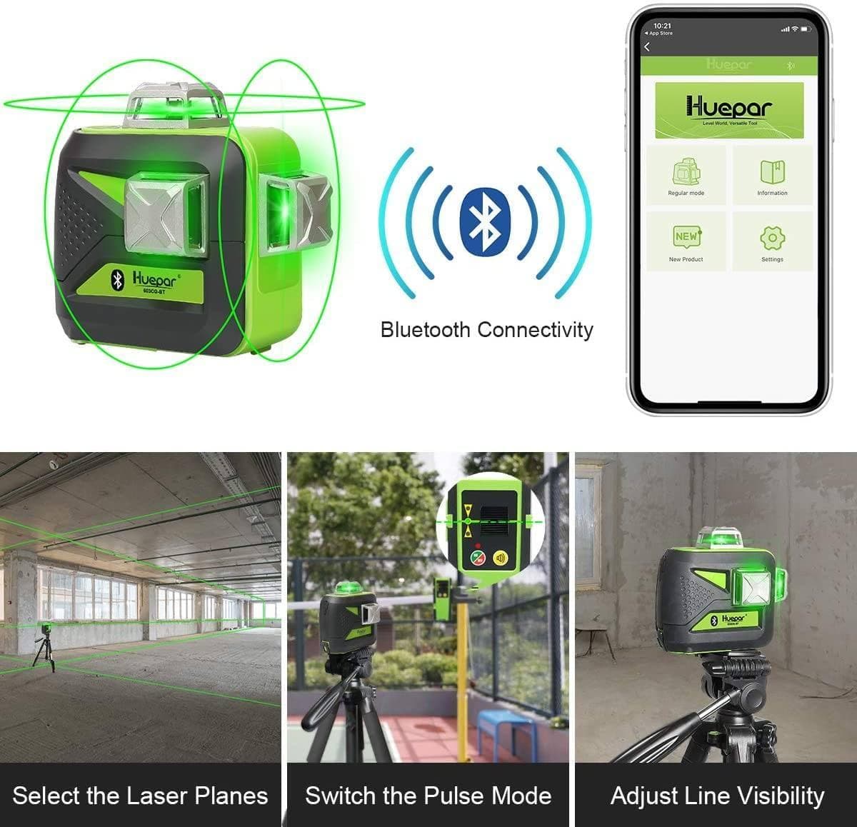 Huepar 603CG-BT - 3 x 360° Green Beam 3D Laser Level with Bluetooth Connectivity - HUEPAR US