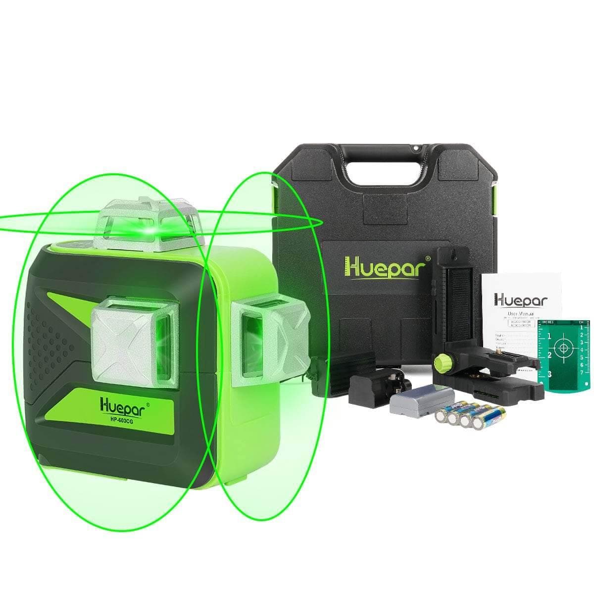 Huepar 603CG-H - 3D Green Beam Self-Leveling 3 X 360° Laser Level with Hardcase - HUEPAR US