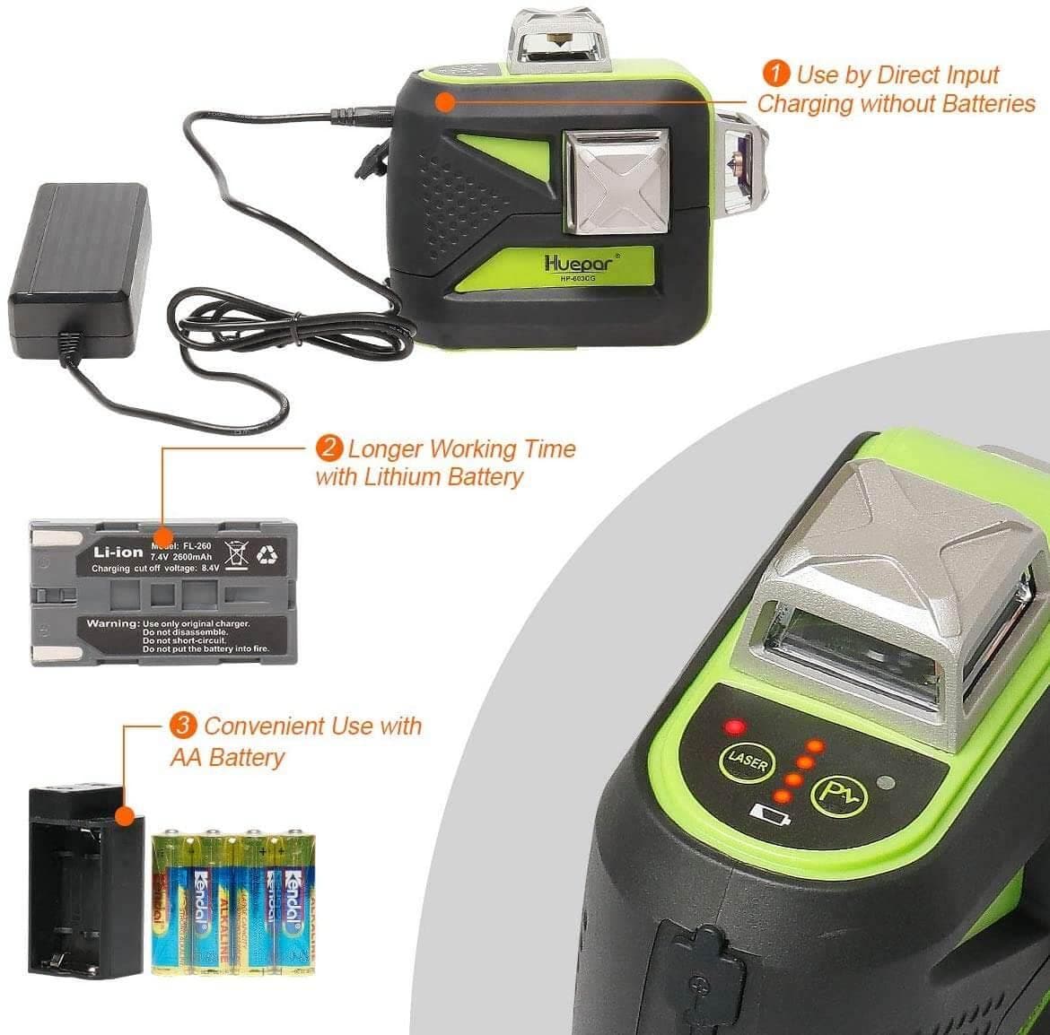 Huepar 603CG-H - 3D Green Beam Self-Leveling 3 X 360° Laser Level with Hardcase - HUEPAR US