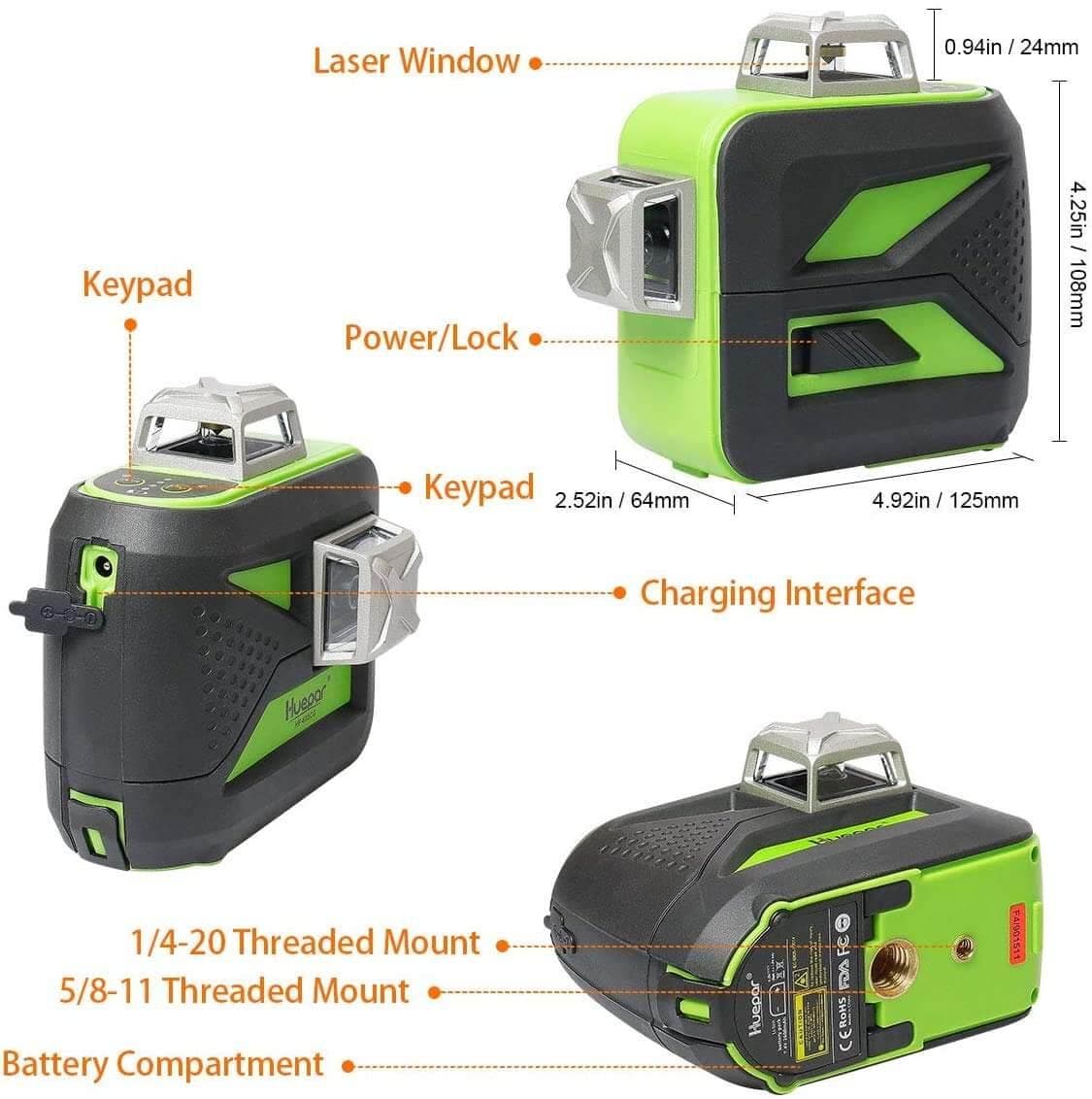 Huepar 603CG-H - 3D Green Beam Self-Leveling 3 X 360° Laser Level with Hardcase - HUEPAR US