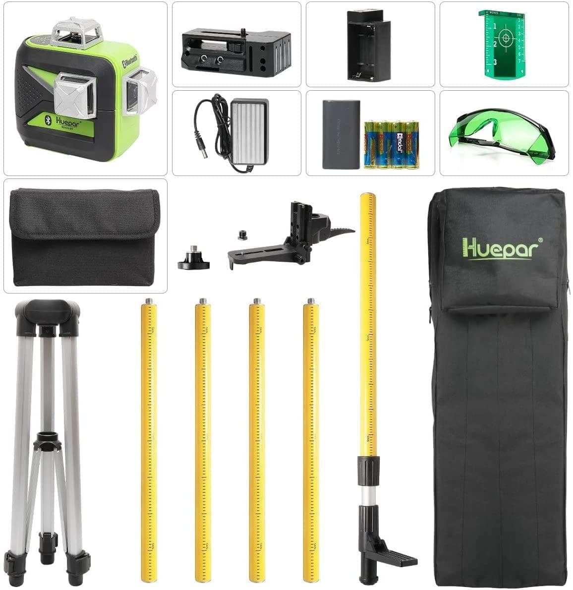 Huepar 603LP - 3X 360° Cross Line Self Leveling Laser Level Green with Bluetooth, Triple Power Supply - HUEPAR US