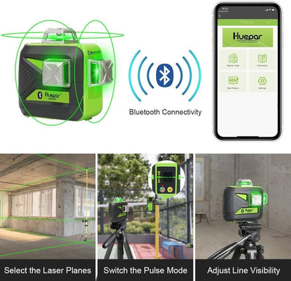 Huepar 603LP - 3X 360° Cross Line Self Leveling Laser Level Green with Bluetooth, Triple Power Supply - HUEPAR US