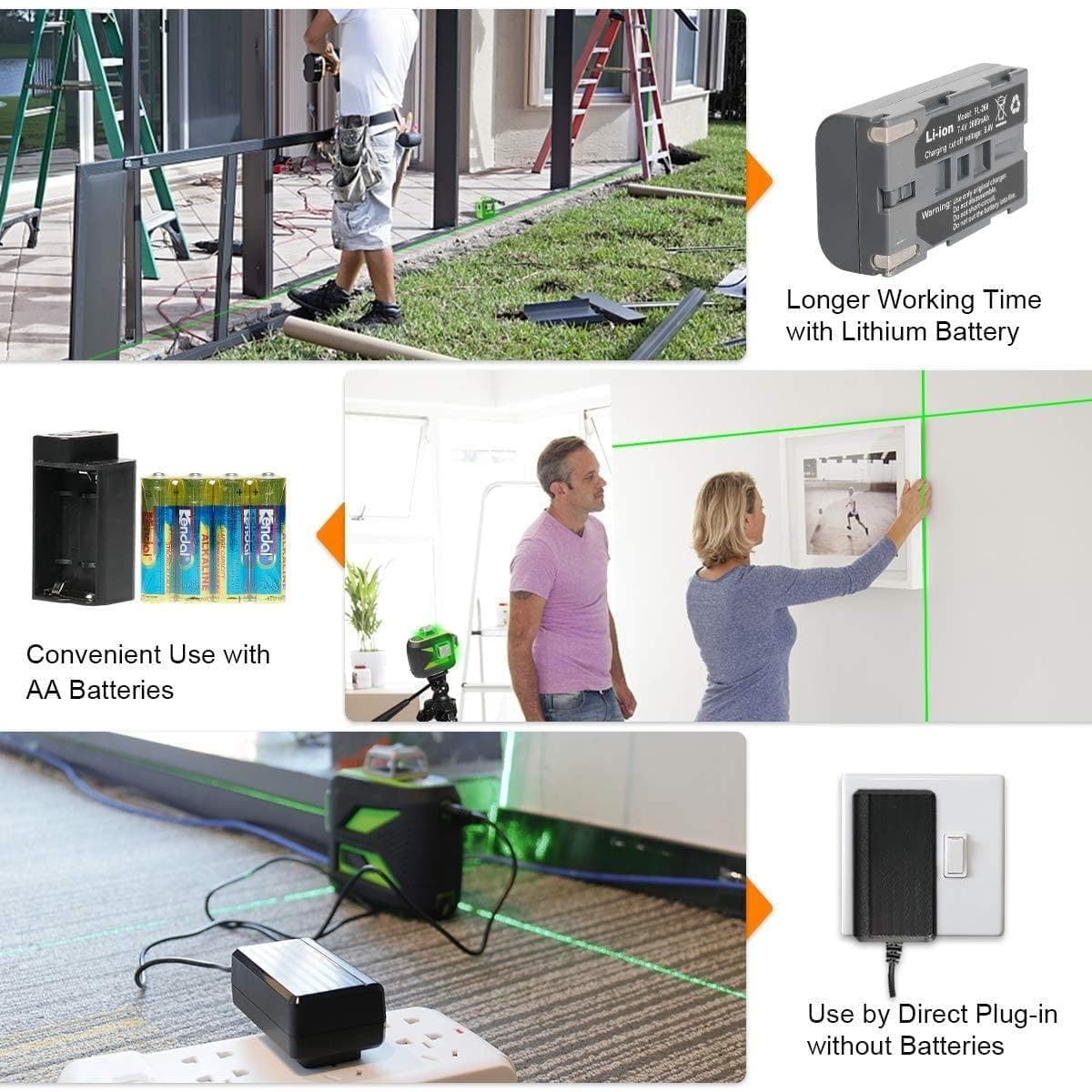 Huepar 603LP - 3X 360° Cross Line Self Leveling Laser Level Green with Bluetooth, Triple Power Supply - HUEPAR US