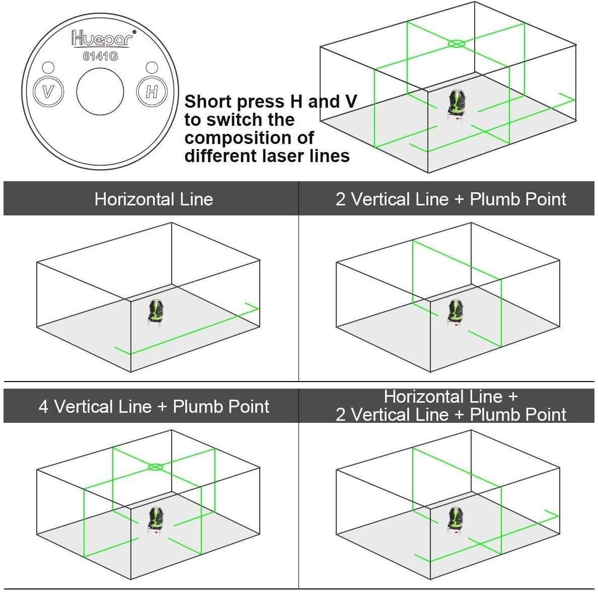 Huepar 6141G - Green Beam Multi Line Laser Level with Four Vertical and One Horizontal Lines with Down Plumb Dot - HUEPAR US