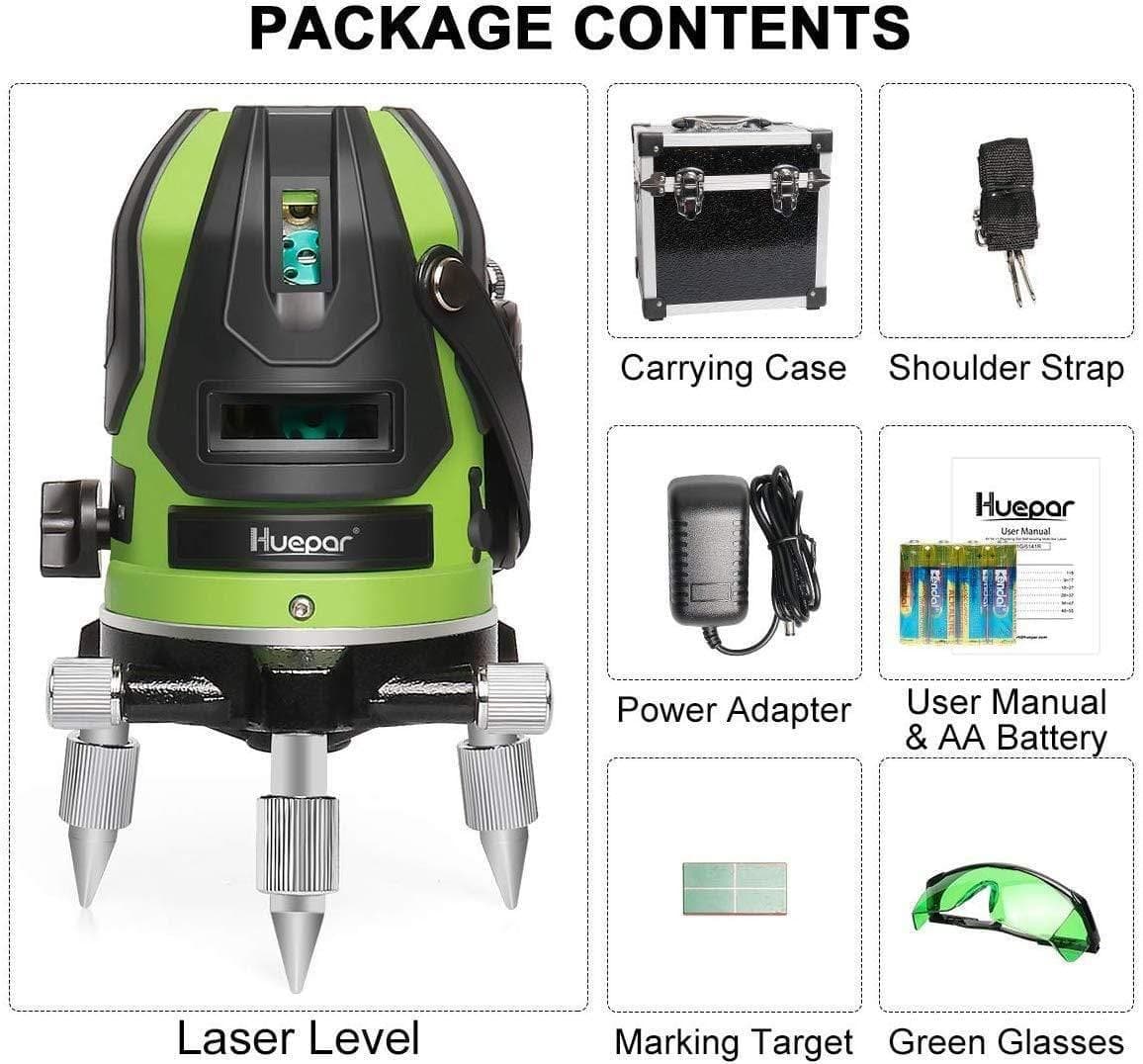 Huepar 6141G - Green Beam Multi Line Laser Level with Four Vertical and One Horizontal Lines with Down Plumb Dot - HUEPAR US