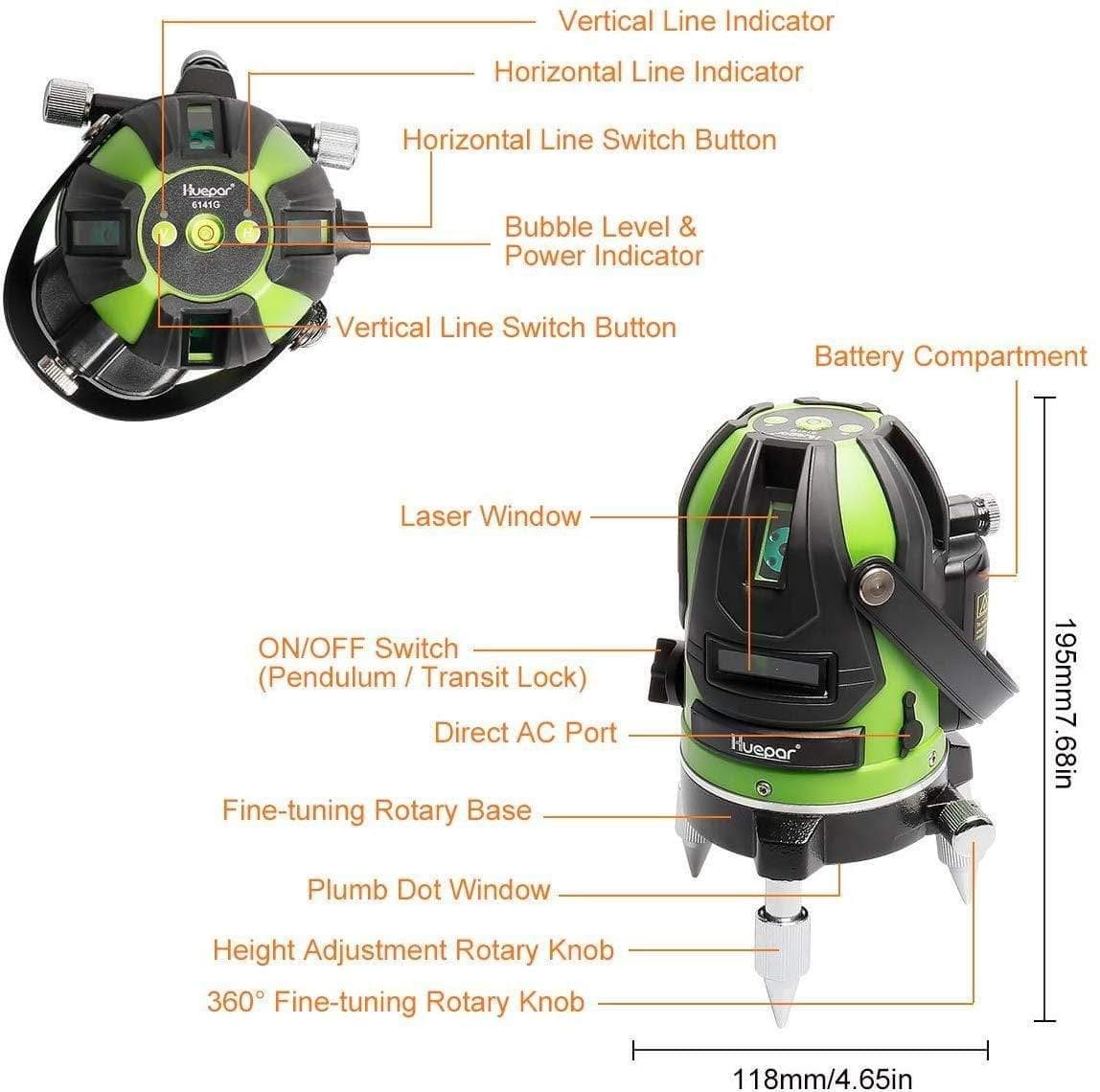 Huepar 6141G - Green Beam Multi Line Laser Level with Four Vertical and One Horizontal Lines with Down Plumb Dot - HUEPAR US