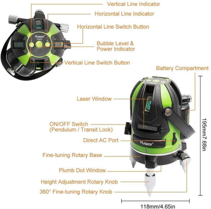 Huepar 6141G - Green Beam Multi Line Laser Level with Four Vertical and One Horizontal Lines with Down Plumb Dot - HUEPAR US