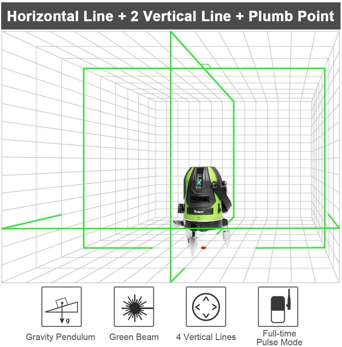 Huepar 6141G - Green Beam Multi Line Laser Level with Four Vertical and One Horizontal Lines with Down Plumb Dot - HUEPAR US