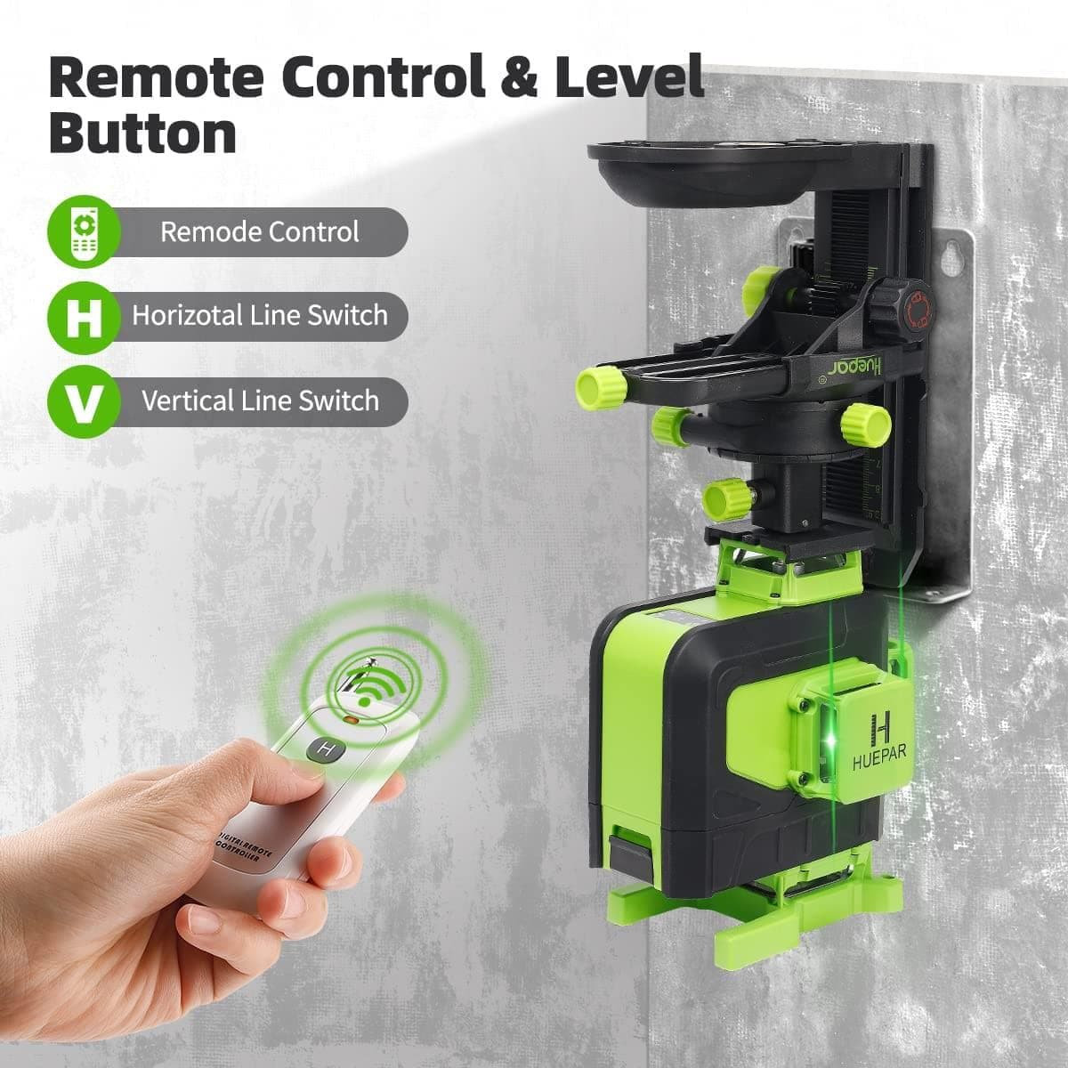 Huepar 904DG - 4x360° Green Cross Line Floor Laser Tool with Remote Control & magnetic Bracket - HUEPAR US