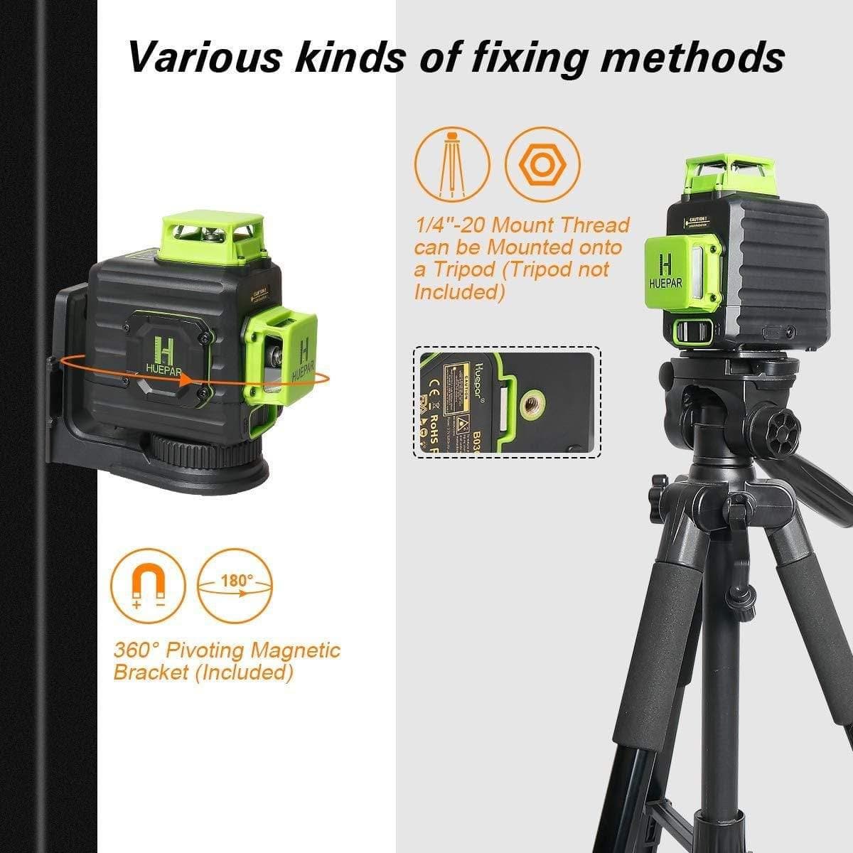 Huepar B02CG - 360° Green Beam Dual Plane Leveling and Alignment Cross Line Self-leveling Laser Level - HUEPAR US