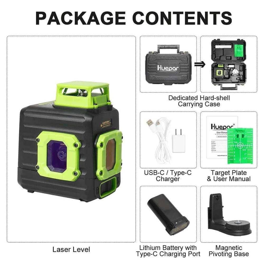 Huepar B21CG - Green 360° Horizontal and Two Vertical Lines Cross Line Laser Level with Hard Carry Case - HUEPAR US